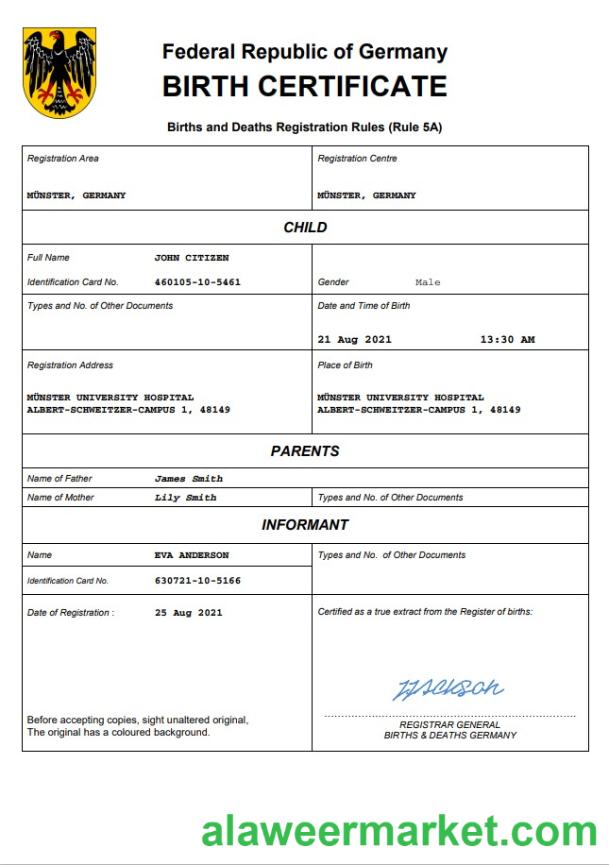 Germany birth certificate Word and PDF template